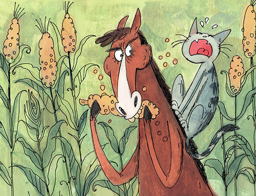 After a Swim - book illustration - cat yowling and horse munching on corn