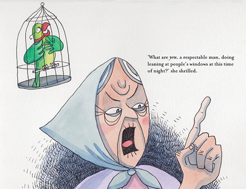 The Horrible Dib Dib - book illustration - The old woman shrilling with parrot in cage behind her