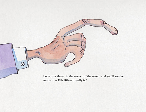The Horrible Dib Dib - book illustration - The old woman's hand pointing at the Dib Dib
