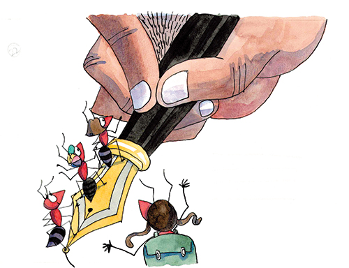 The Ant and the Pen - book illustration - Ants extending their area of understanding with scientific scrutiny of the pen and the fingers