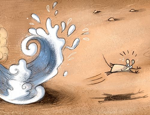 The Tale of the Sands - book illustration - The stream crosses a barrier, a rodent runs out of its way