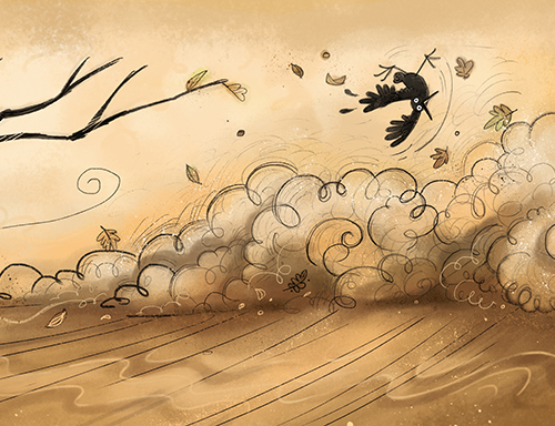 The Tale of the Sands - book illustration - The wind is crossing the desert easily, crow being blown upside-down